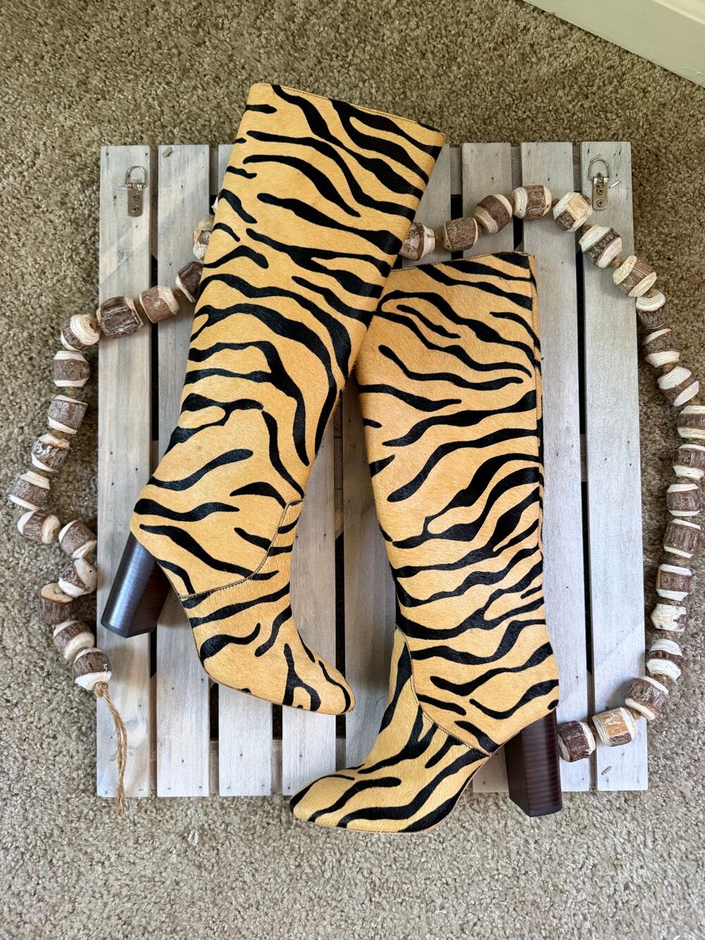 Rare Loeffler Randall Goldy Tiger Zebra Calf Hair Tall Knee Heeled Boots
